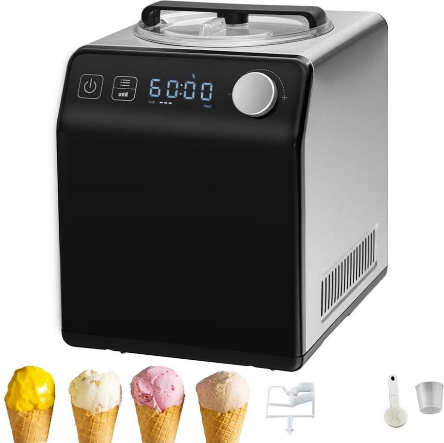 Compressor-IJsmachine Huishoudelijke Ijsmaker Capaciteit 2 L Vermogen 180 W Drie Programma's Sorbet Gelato Frozen Yoghurt Laag Geluidsniveau Zwart