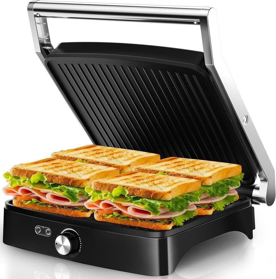 Contactgrill Sandwichmaker Tafelgrill Panini Warme Snacks Bereiden 180 Graden Openklapbaar 31x35x9 cm Zilver
