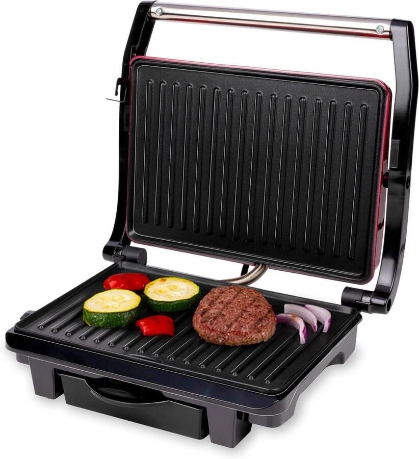 Contact Grill Tosti Ijzer Panini Lekker Eten Grillen Anti-Aanbaklaag 1000 Watt Zwart Rood