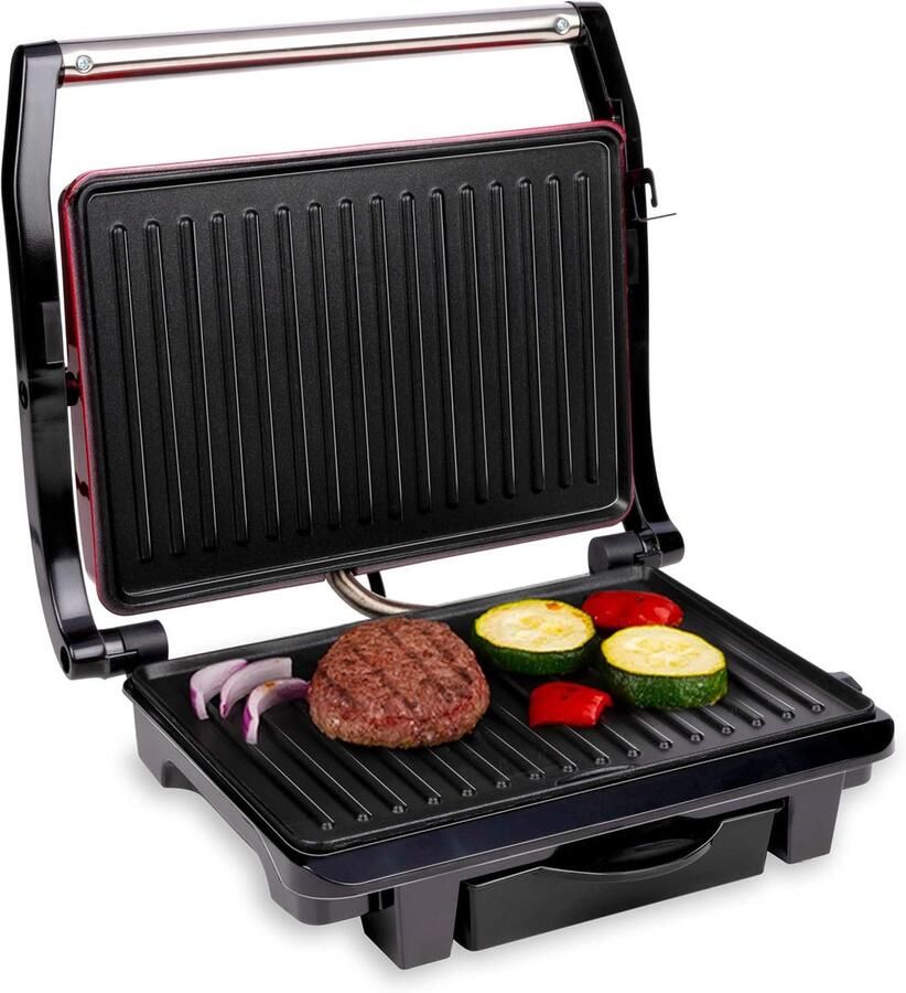 Contact Grill Tosti Ijzer Panini Snelle Maaltijden Bereiden Anti-Aanbaklaag Indicatielampjes 1000 Watt Zwart Rood