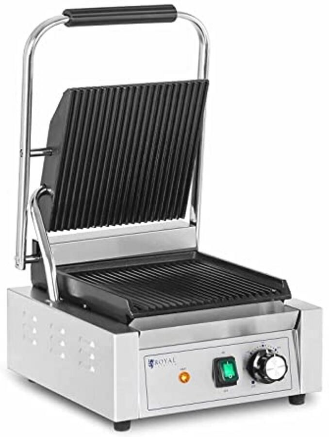 Contactgrill 1800W Sandwichgrill met Geribbeld oppervlak Temperatuurinstelling 50-300°C 23x22 cm Roestvrij staal en Gietijzer Inclusief Lekbak