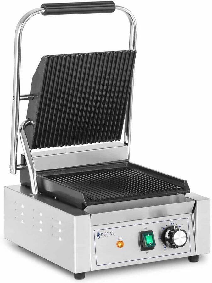 Contactgrill 1800W Sandwichgrill met Geribbeld oppervlak Temperatuurinstelling 50-300°C 23x22 cm Roestvrij staal en Gietijzer Inclusief Lekbak