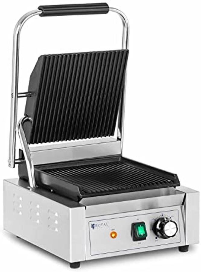 Contactgrill 1800W Sandwichgrill met Geribbeld oppervlak Temperatuurinstelling 50-300°C 23x22 cm Roestvrij staal en Gietijzer Inclusief Lekbak
