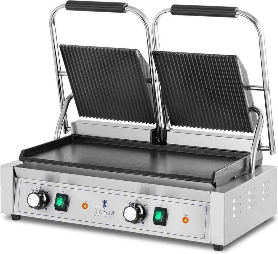 Contactgrill Dubbel Elektrische Grill Gelijkmatig Grillen Ribbel en Glad 3600 Watt Zilver