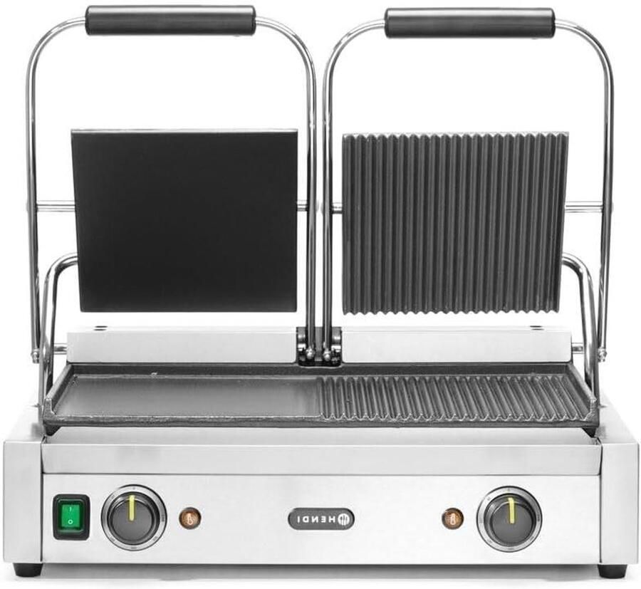 Contactgrill Dubbel Panini Grill Eten Grillen Boven Geribbeld Onder Glad 475x235mm Grilloppervlak Zilver