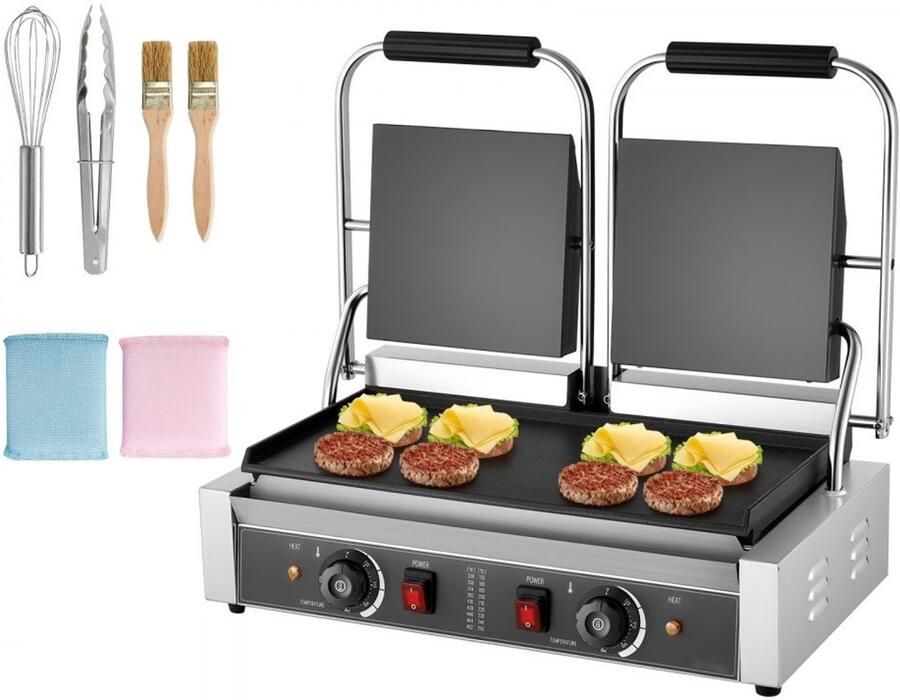 Contactgrill Dubbele Paninipers 3600W Vermogen Platte Emaille Platen 48 x 23 cm RVS Behuizing Temperatuurregeling Voor Panini & Sandwiches Horeca Geschikt