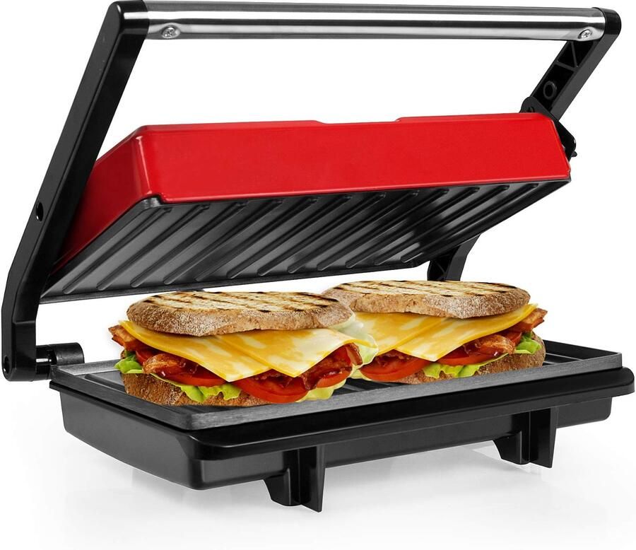 Contactgrill Elektrische Panini Grillplaat 750 W Vermogen 23 x 14 5 cm Oppervlak Metaal Kunststof Compact Rood Broodjespers