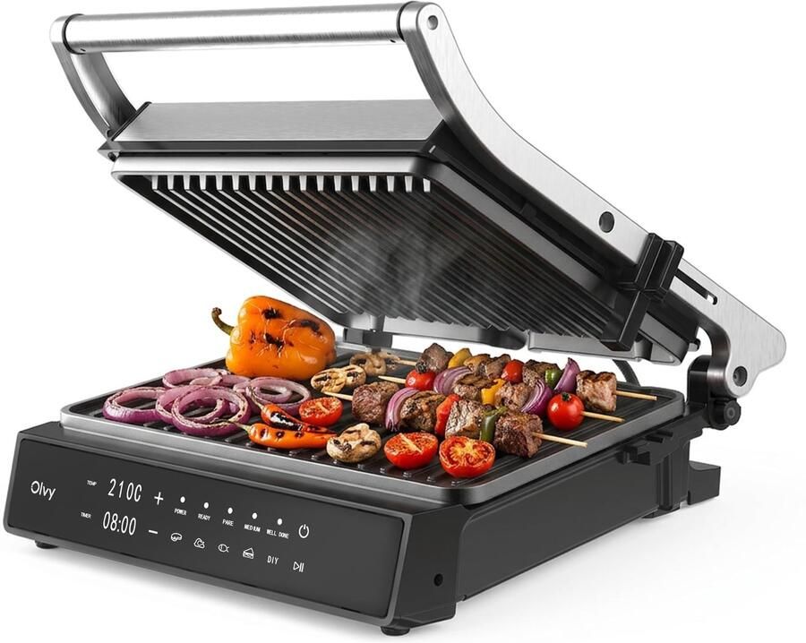 Contactgrill Elektrische Tafelgrill 2000 Watt Vermogen 180° Uitklapbaar Roestvrij Staal Zwart Paninigrill