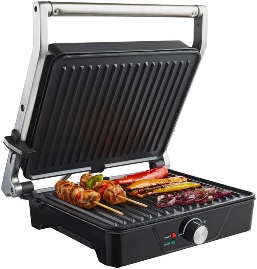 Contactgrill Grillplaat Bakplaat Snel Grillen Thuis Zwevende Bovenplaat 2000 Watt Zwart RVS