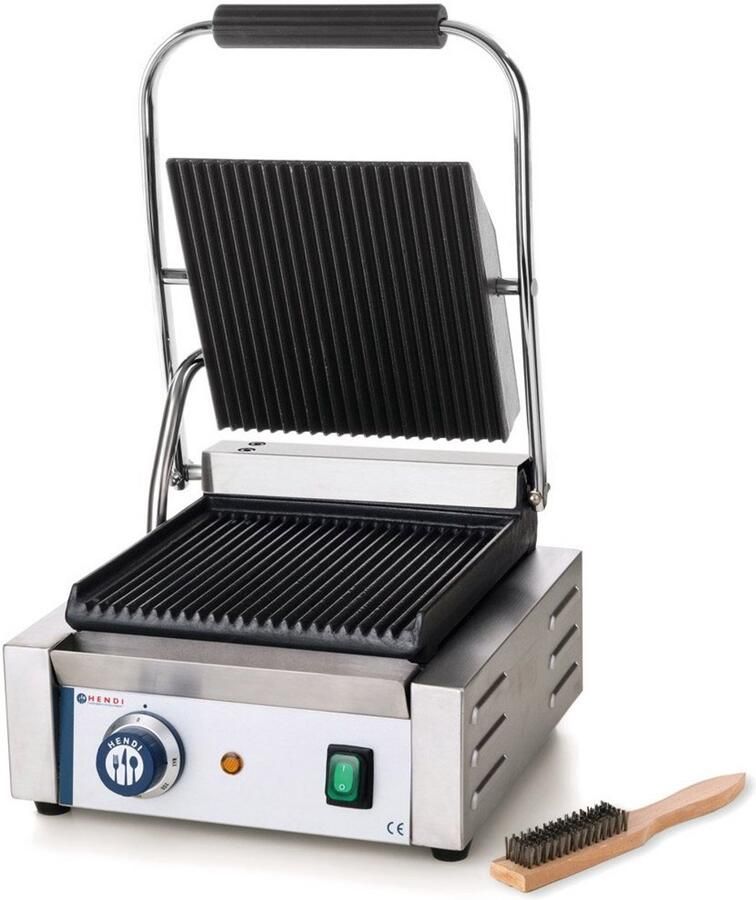 Contactgrill Enkel Panini Grill Professioneel Grillen Geribbelde bovenkant gladde onderkant 220x232mm Grilloppervlak Zilver