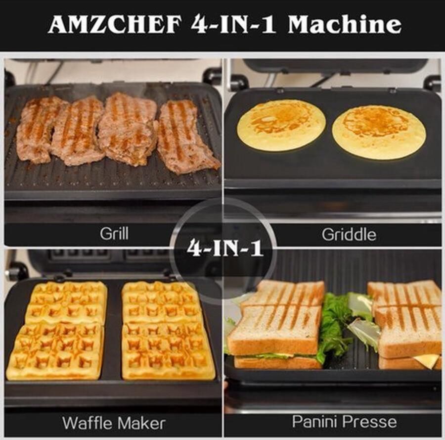 Contactgrill Multifunctioneel 2000 W Vermogen 4-in-1 Met Afneembare Platen Aluminium Zilver Voor Sandwiches En Wafels