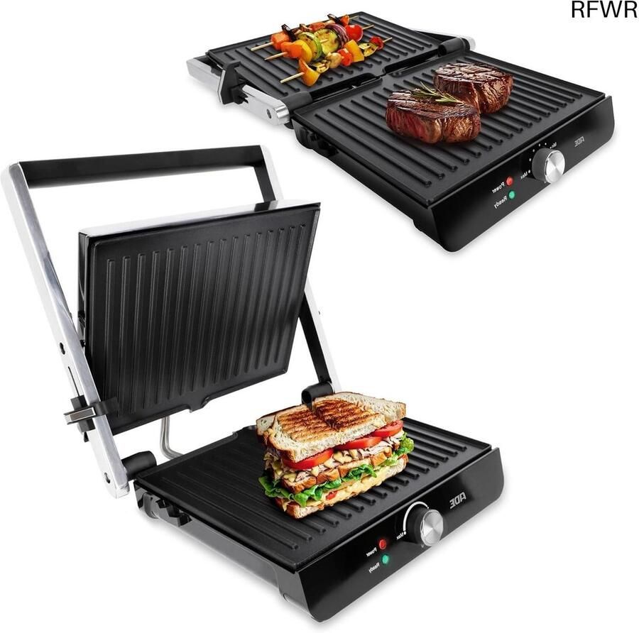 Contactgrill Sandwichmaker Tafelgrill Gezellig Grillen 180 Graden Openklapbaar 2000 Watt Zilver