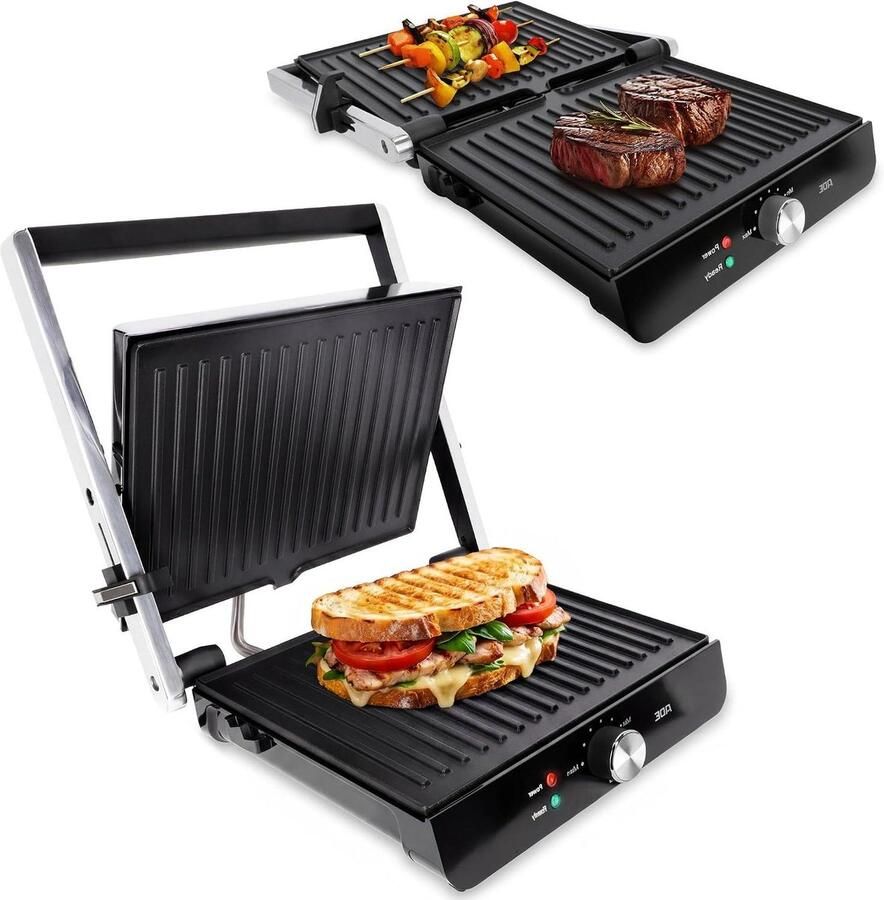 Contactgrill Sandwichmaker Tafelgrill Gezellig Grillen Automatische Hoogteaanpassing 2000 Watt Zilver