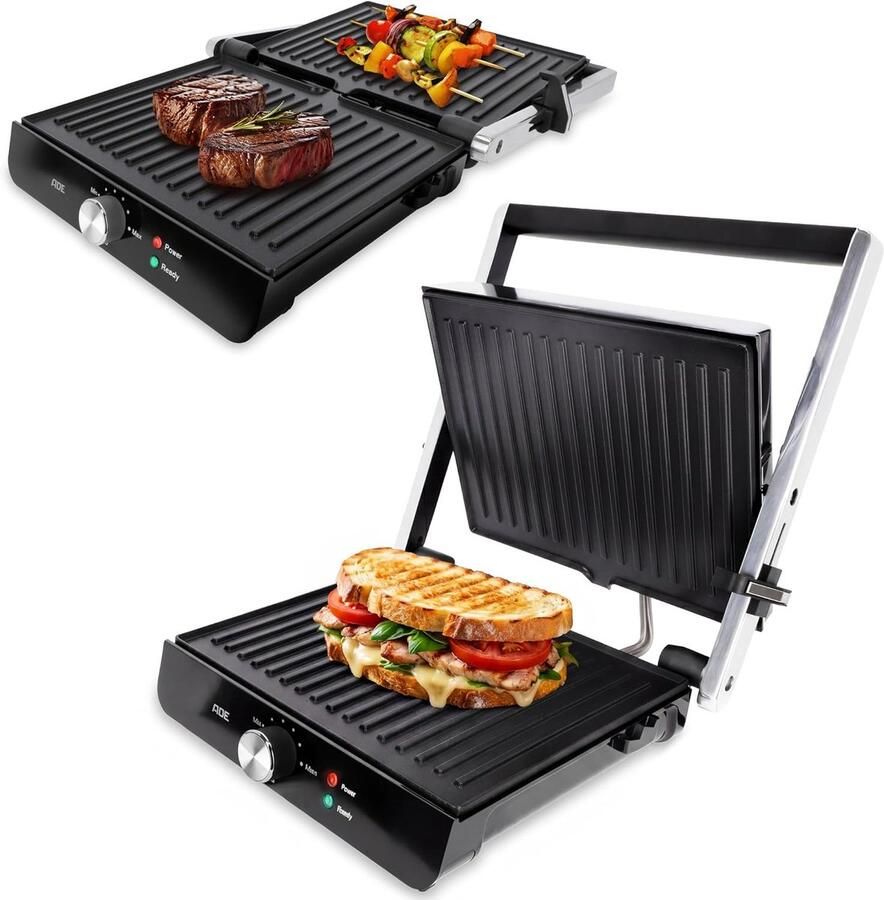 Contactgrill Sandwichmaker Tafelgrill Gezellig Grillen Automatische Hoogteaanpassing 2000 Watt Zilver