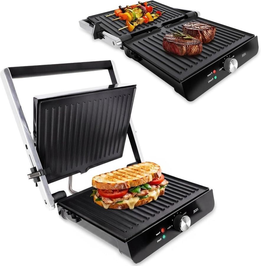 Contactgrill Sandwichmaker Tafelgrill Gezellig Eten Automatische Hoogteaanpassing 2000 Watt Zilver