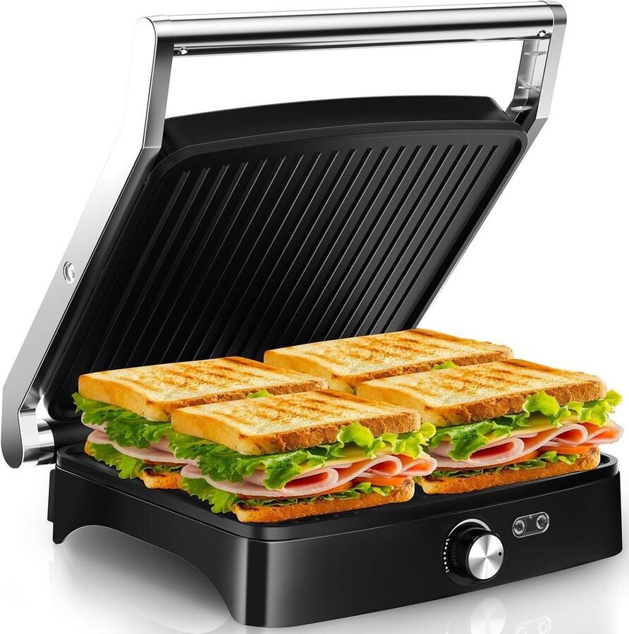 Contact Grill Sandwich Maker Snelle Maaltijden Regelbare Temperatuur 2000 Watt Zilver