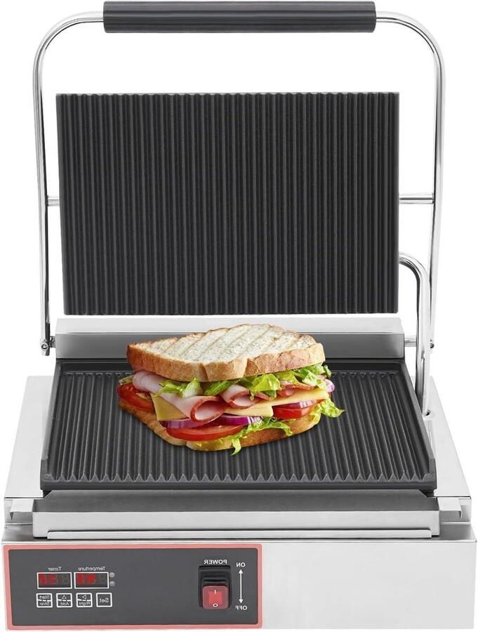 Contactgrill Sandwichmaker Tafelgrill XXL Snelle maaltijden Temperatuurregelaar LED 34x23cm Platen Zilver Zwart