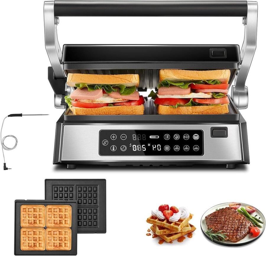Contactgrill Sandwichmaker Wafelijzer Gerechten Bereiden 4 Afneembare Platen 2200 Watt Zwart