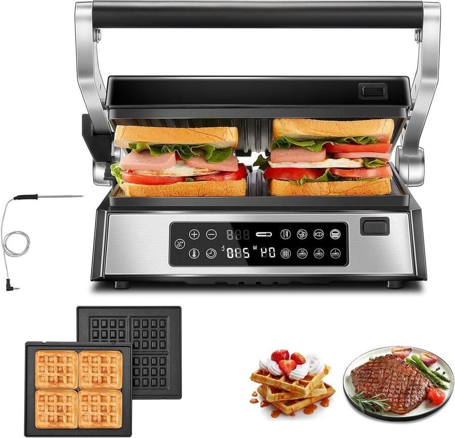 Contactgrill Sandwichmaker Wafelijzer Verschillende Gerechten Bereiden 4 Afneembare Platen 2200 Watt Zwart