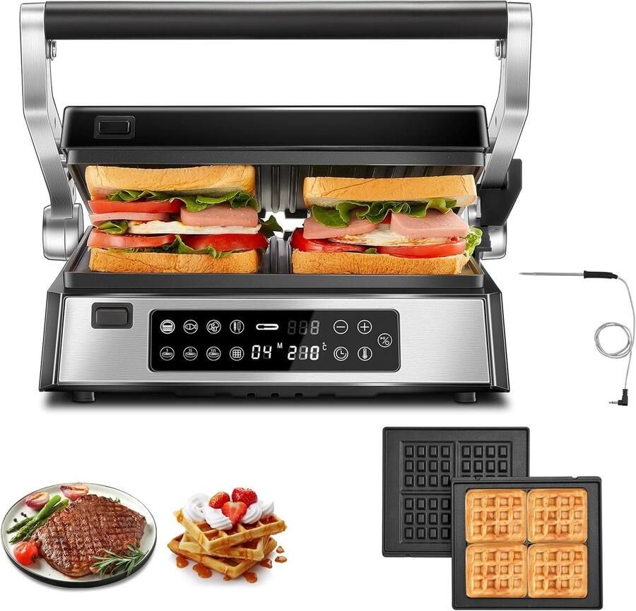 Contactgrill Sandwichmaker Wafelijzer Veelzijdig Koken 4 Afneembare Platen 2200 Watt Zwart