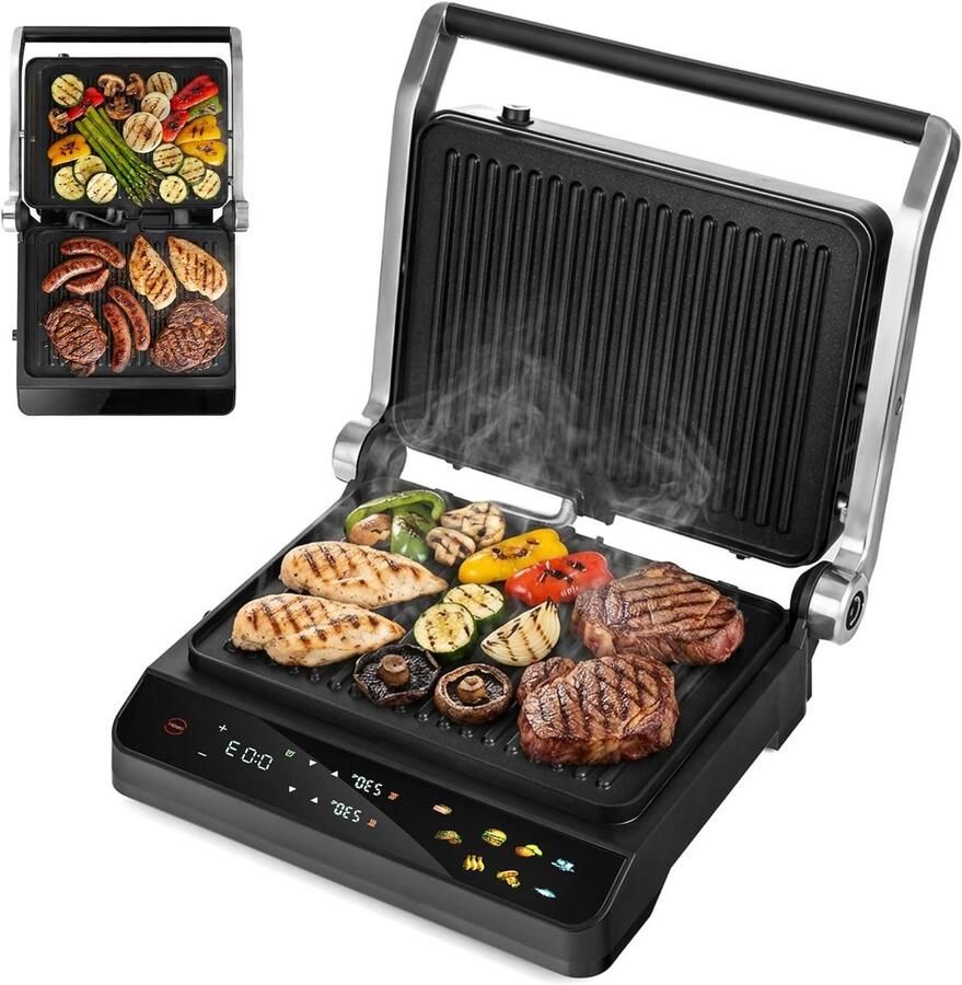 Contactgrill Tafelgrill Panini Lekker Eten 10 Programma's Touchscreen 2000 Watt Zwart