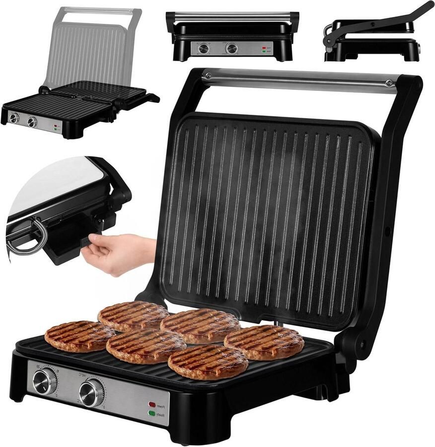 Contactgrill Tosti-apparaat 2-in-1 Keukenapparaat Gezond Grillen Instelbare Temperatuur 2000 Watt Zilver Zwart