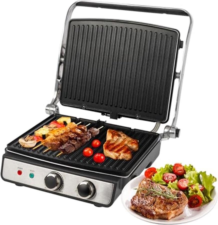 Contactgrill voor vetvrij grillen Elektrische Grill voor Panini Steaks en Toasts met Traploos Regelbare thermostaat