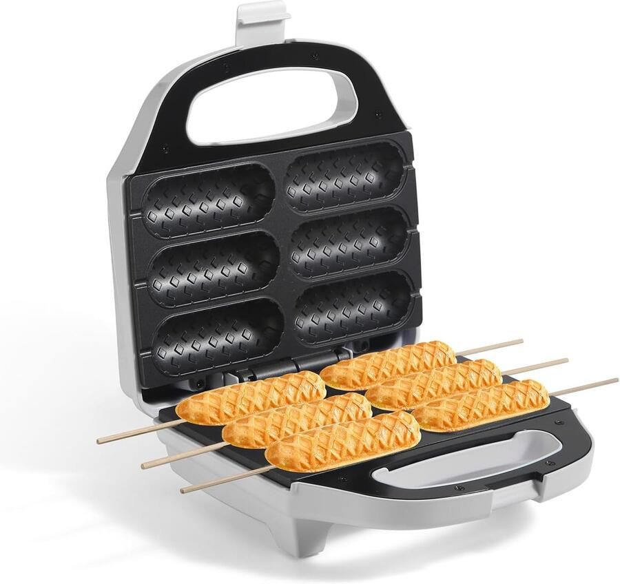 Corndog-wafelijzer hotdog-wafelmachine met antiaanbaklaag Hotdog-maker toaster voor 6 corndogs maakt corndogs in enkele minuten gemakkelijk schoon te maken wit