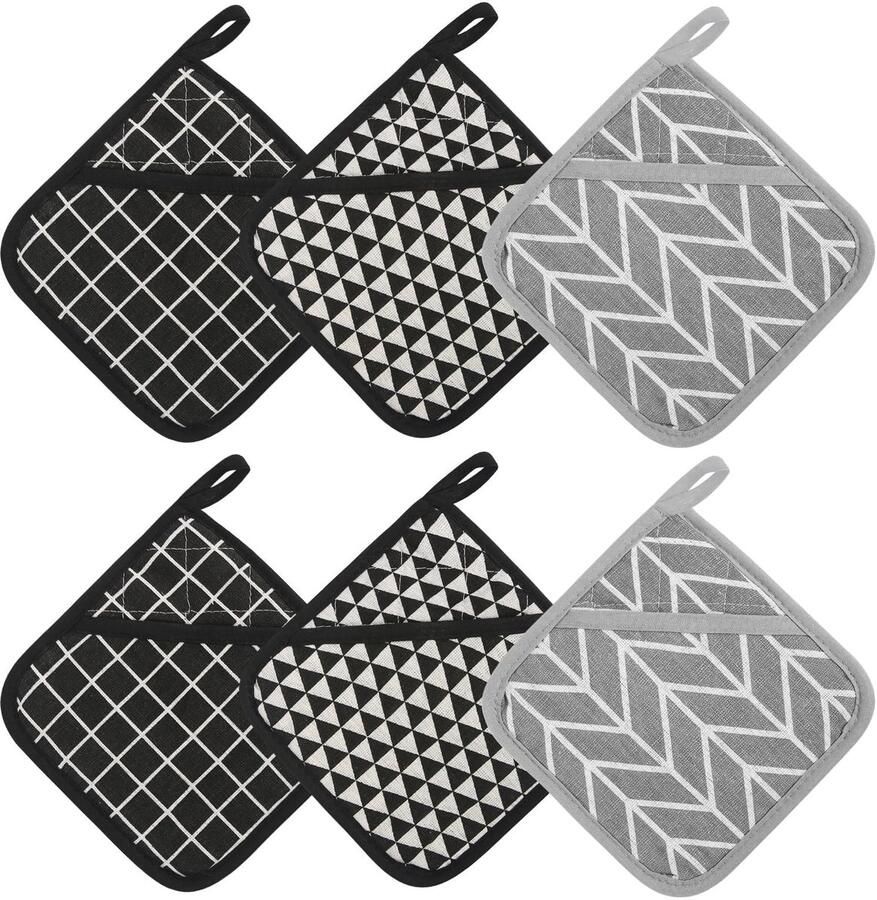Cosensi Pot Holders Set van 6 Warmtebestendig Zwart en Grijs Keukenaccessoires Handig voor koken en bakken 17x17 cm