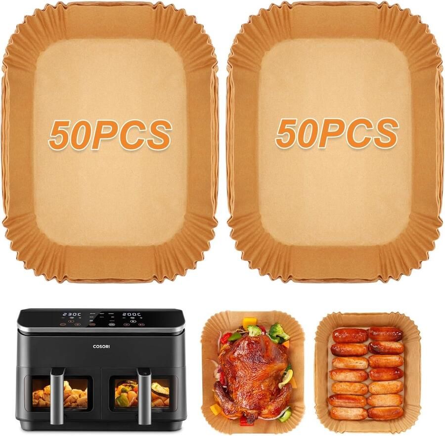 Cosori Bakpapier voor heteluchtfriteuse 2 kamers Dual Zone Air Fryer 8 5 l airfryer bakpapier voor Cosori CAF-R901-AEU accessoires voor heteluchtfriteuse dubbele mand (100 stuks)