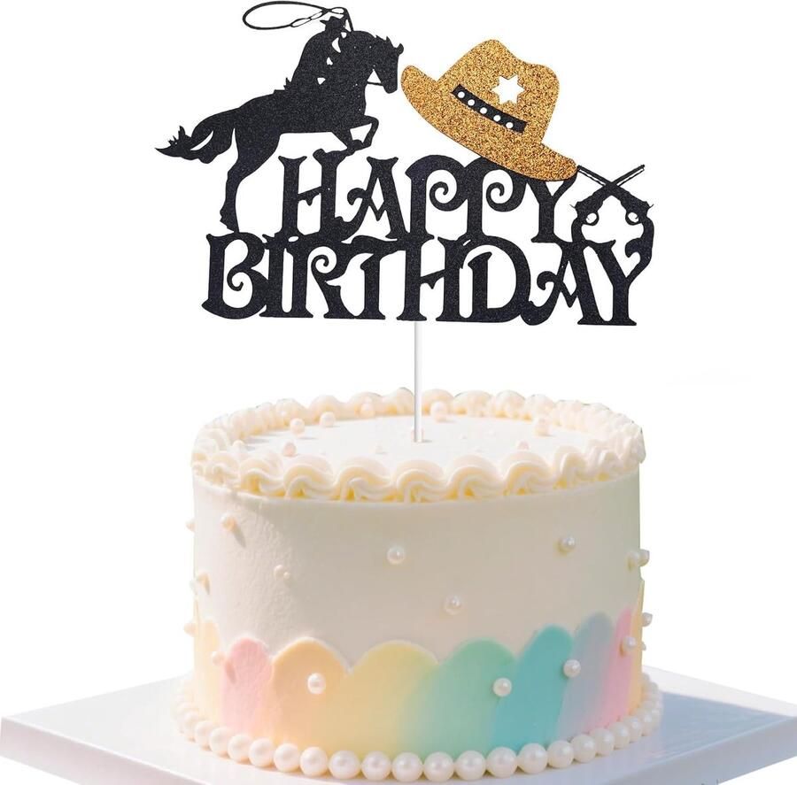 Cowboy Happy Birthday Taarttopper Glitter Taartdecoratie met Western Thema Hoedbord Perfect voor Jongens en Meisjes Benodigdheden voor Een Verjaardagsfeestje