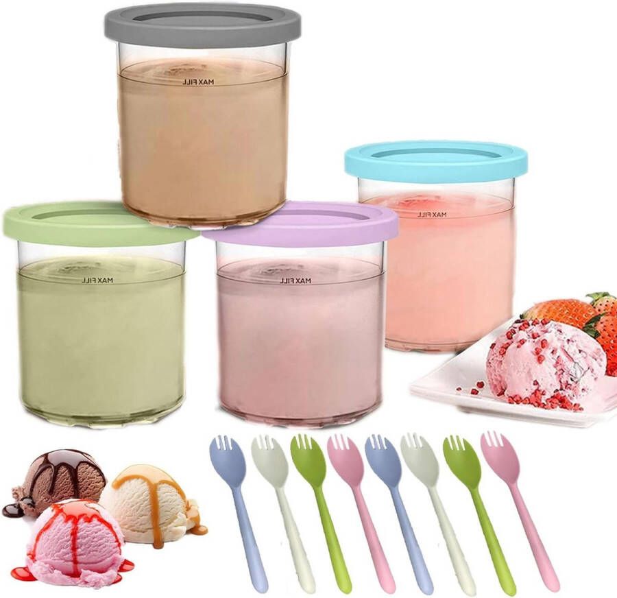 Creami Tubs 4 stuks + 8 lepels herbruikbare ijspinnen Ninja ijsmachine accessoires BPA-vrij vaatwasmachinebestendig