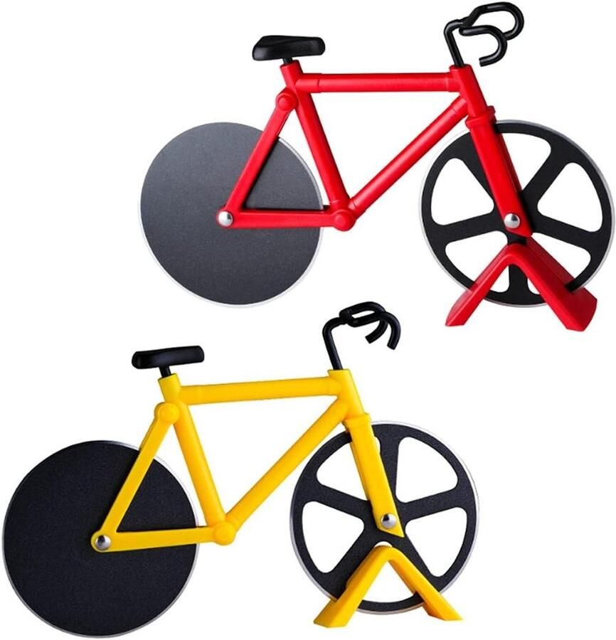 Creatieve Fietsvorm Pizza Snijder en Verdeler van RVS Perfecte Pizza Snijtool voor Thuisgebruik Rood Geel