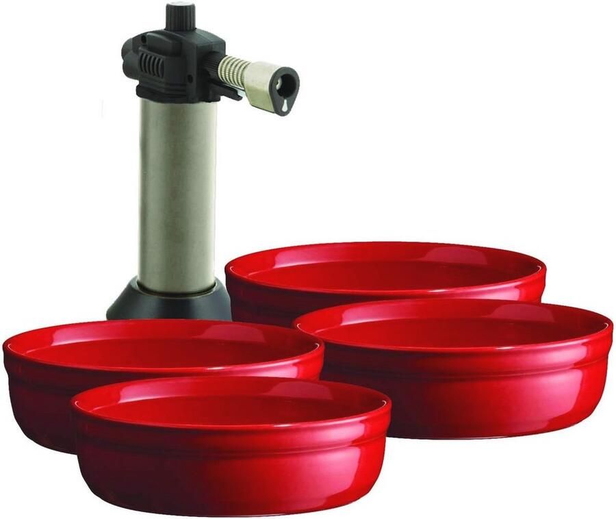 Crème Brûlée Set Ceramische Schalen met Keukenbrander 4 Stuks Rood