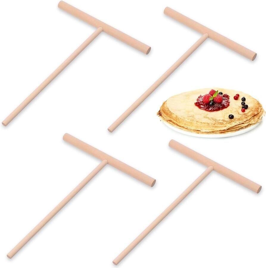 Crepe Deegverdeler Set van 4 Stukken 16 x 12 cm Houten T-Vormige Roti en Pannenkoekmaker Ideaal voor Crepes Pannenkoeken en Bakken