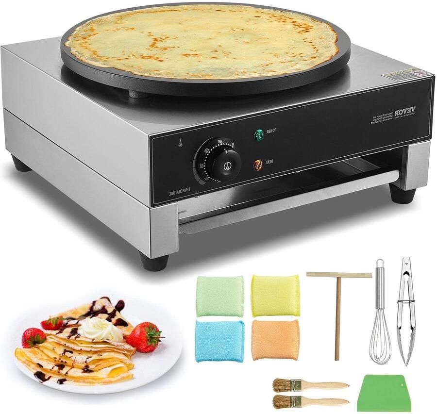 Crêpe Machine Pannenkoekenmaker Elektrisch Snelle Ontbijtjes Maken Grote Antiaanbakplaat 40 cm Diameter Zilver