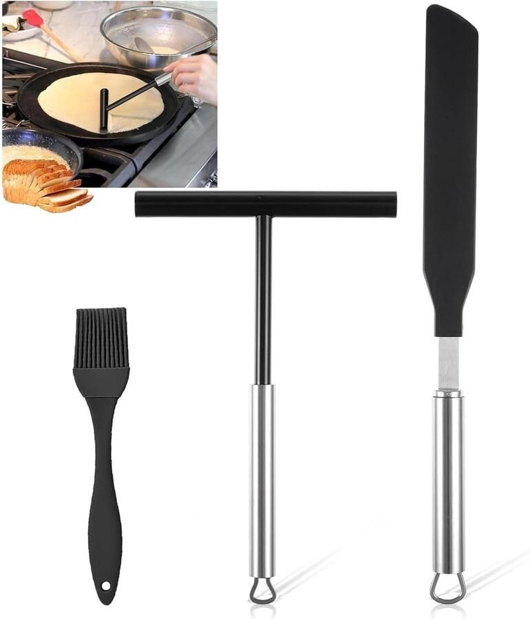 Crêpe Maker Set Bakgereedschap Keuken Pannenkoeken Maken Roestvrij Staal Siliconen 30 x 23 cm Zilver Zwart