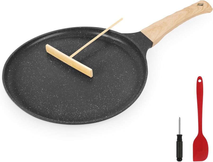 Crêpe pan pannenkoekenpan met antiaanbaklaag incl. houten spatel & mini-pannenschep pannenkoekenpan omeletpan PFOA-vrij geschikt voor ALLE soorten fornuizen crêpes maker (24cm)