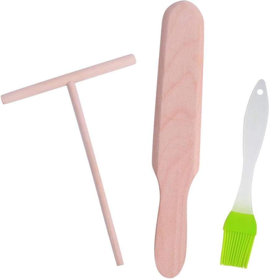 Crepe Spatel Set Pannenkoek Gereedschap Crepes Maken Complete Houten Set 4x24.6cm Spatel Lichtbruin