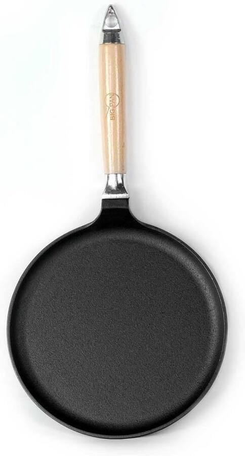 Crêpepan Ø24 cm – Geschikt voor inductie – Afneembare beukenhouten handgreep – Ongecoate voorbehandelde gietijzeren pan – Voor crêpes en pannenkoeken