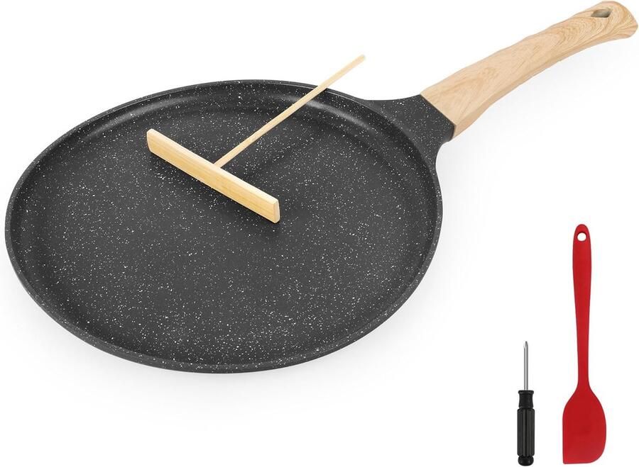 Crêpepan 28 cm Pannenkoekenpan met antiaanbaklaag incl. houten spatel & mini-pannenlepel pannenkoekenpan Omeletpan PFOA-vrij geschikt voor ALLE soorten fornuizen Crêpemaker