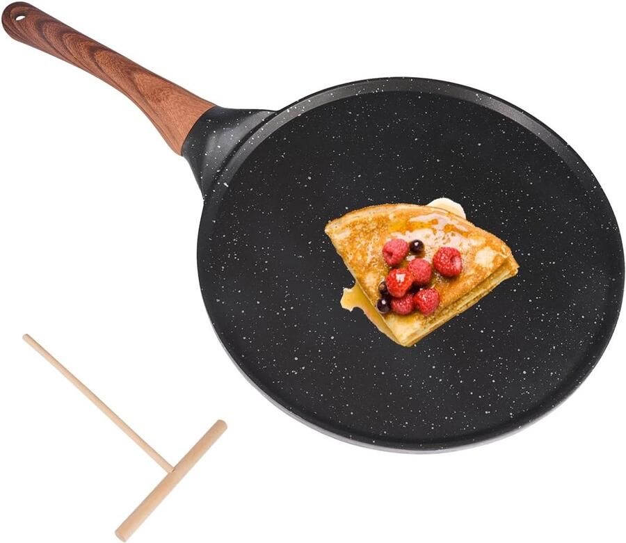 Crêpepan van 26 cm Crepe Pan Ergonomisch Bakelieten Handvat Platte Pannenkoekenpan Zonder PTFEm Ideal para Tortillas Panqueques y Crepes Pfoa-Vrij Fácil de Limpiar (Kleur Zwart)