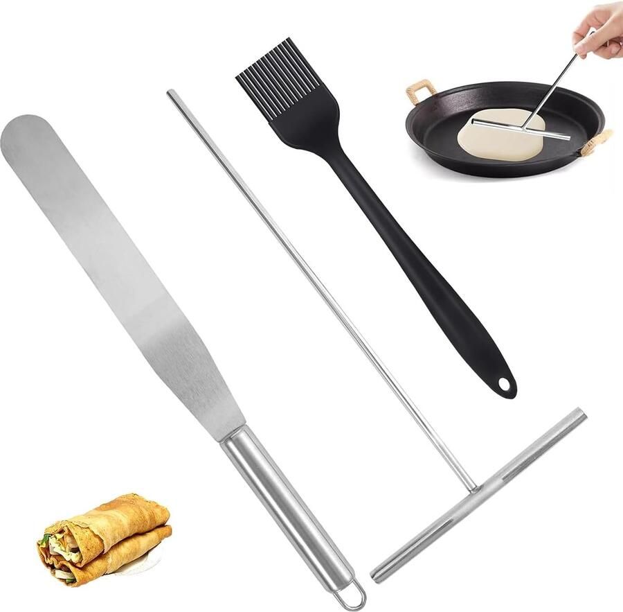 Crêpes Maakset 3-delig – Complete Set met Crêpes Spreider RVS Pannenkoekspatel en Oliekwast voor Thuiskeuken