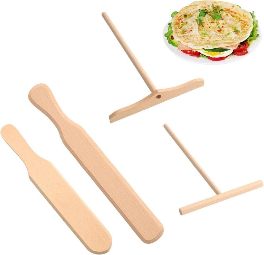 Crêpes Verdelers Pannenkoeken Accessoires Deeg Gelijk Verdelen Natuurlijk Hout Materiaal 4 Delige Set Beige