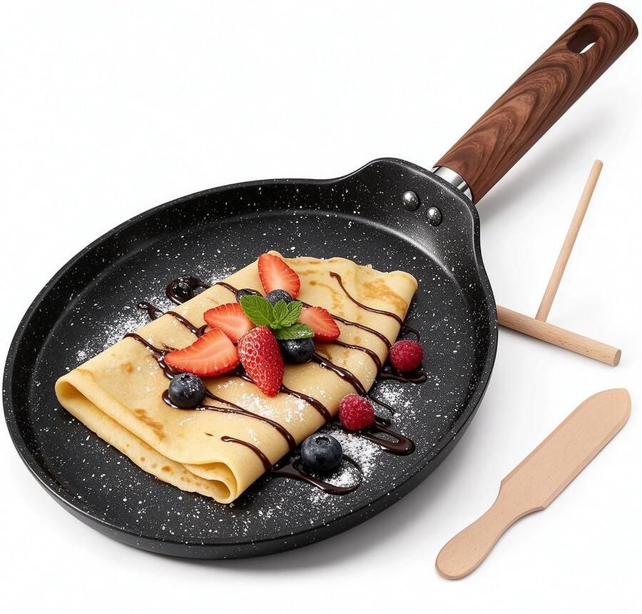 Crêpespan met antiaanbaklaag 24 cm inductie en gas steencoating PFOA-vrij T-spatel en schraper van beukenhout inclusief pannenkoekenpan eieren pannenkoeken