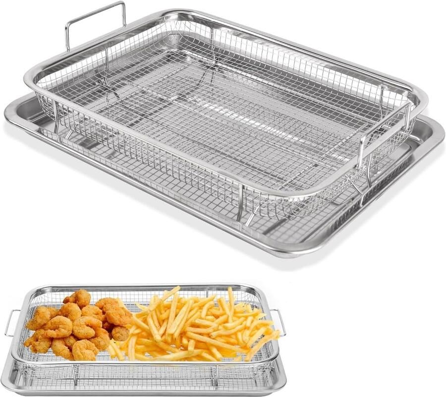Crispy Bakplaat en Grillmand van RVS Antiaanbak Bakvorm voor Oven en Airfryer Ideaal voor Frietjes Bacon en Kippenvleugels (32.5 * 24.5 * 8cm)