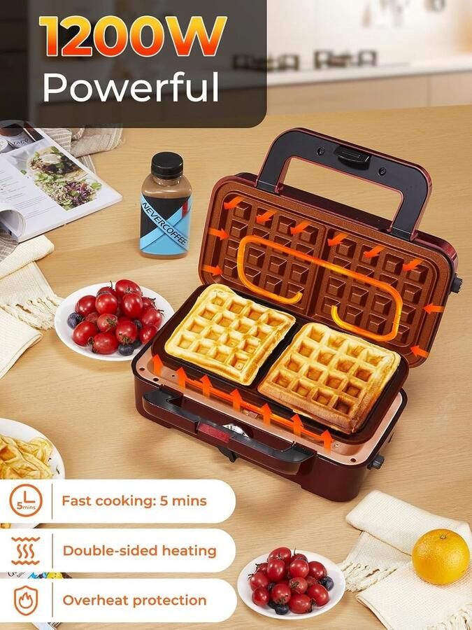 Croque Monsieur-machine Rood 1200 W 3-in-1 Multifunctioneel Wafelijzer Voor Gezond Koken