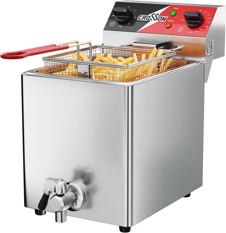 CROSSON Elektrische Friteuse 8L 230V 3250W Elektrische Friteuse met Mand en Deksel Temperatuurregeling 80-200°C voor Restaurantkeuken(Afvoersysteem)