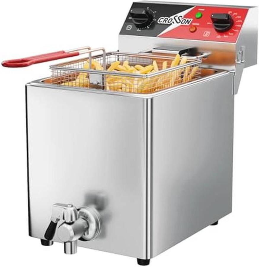 CROSSON Elektrische Friteuse 8L 230V 3250W Elektrische Friteuse met Mand en Deksel Temperatuurregeling 80-200°C voor Restaurantkeuken(Afvoersysteem)