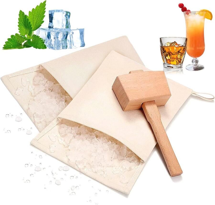 Crushed Ice Bag Set 2 Katoen Canvas Tassen en 1 Houten Hamer voor Cocktails
